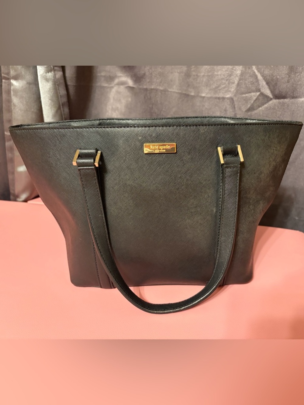 kate spade Black Saffiano Leather Tote with Gold Plaque